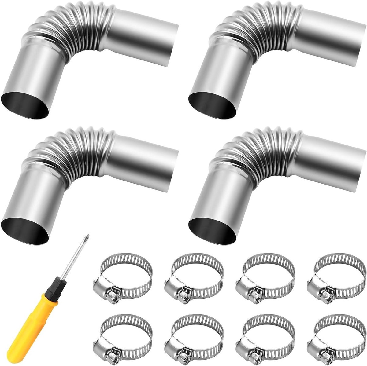 Stainless Steel Uitlaatpijp Bocht Connector 25mm voor Parkeerverwarming met 8 Klemmen en Schroevendraaier, Geschikt voor Auto's en Motoren