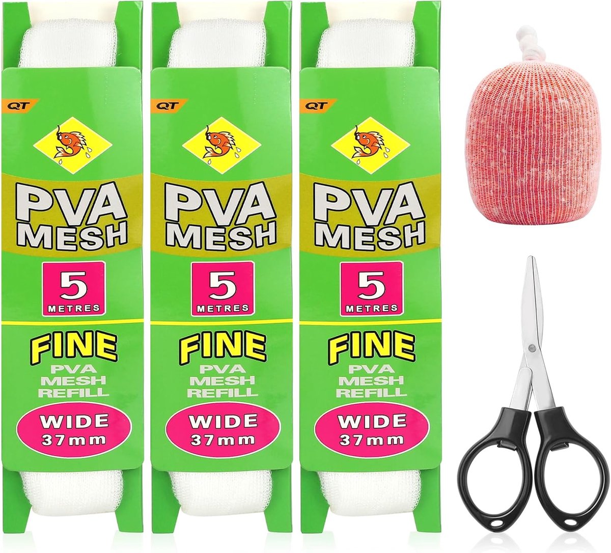 SnelShoppen - 3Pcs 5m PVA Mesh Refill met Schaar 25&37mm Breed PVA Zakjes Voor Karper Vissen Accessoires, Snelle Oplosbare Wateroplosbare PVA Mesh Zak