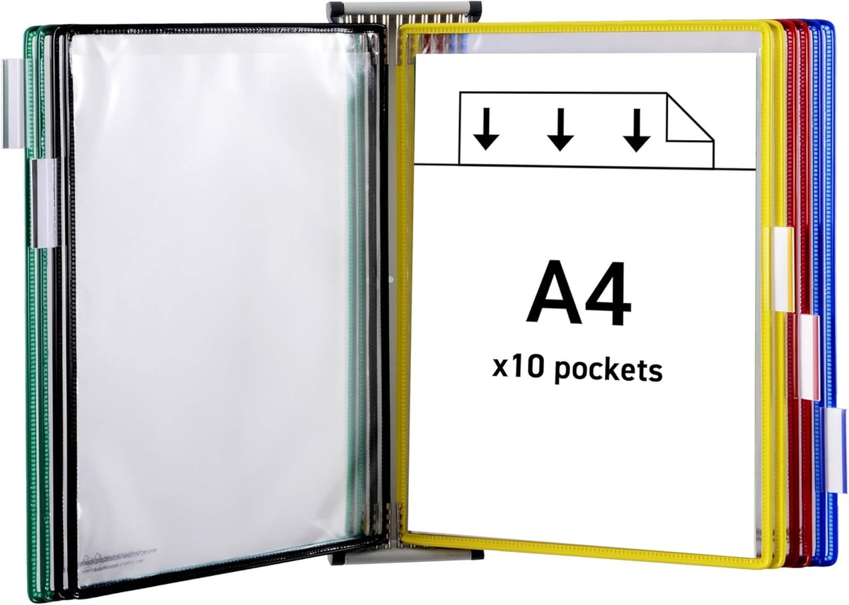 SnelShoppen - A4 Wanddisplay Eenheid met 10 Assorted Draaiende Pocketen, Sturdy Montage, Inclusief 5 Clip-On Index Tabs, Lichtgrijs voor Documenten en
