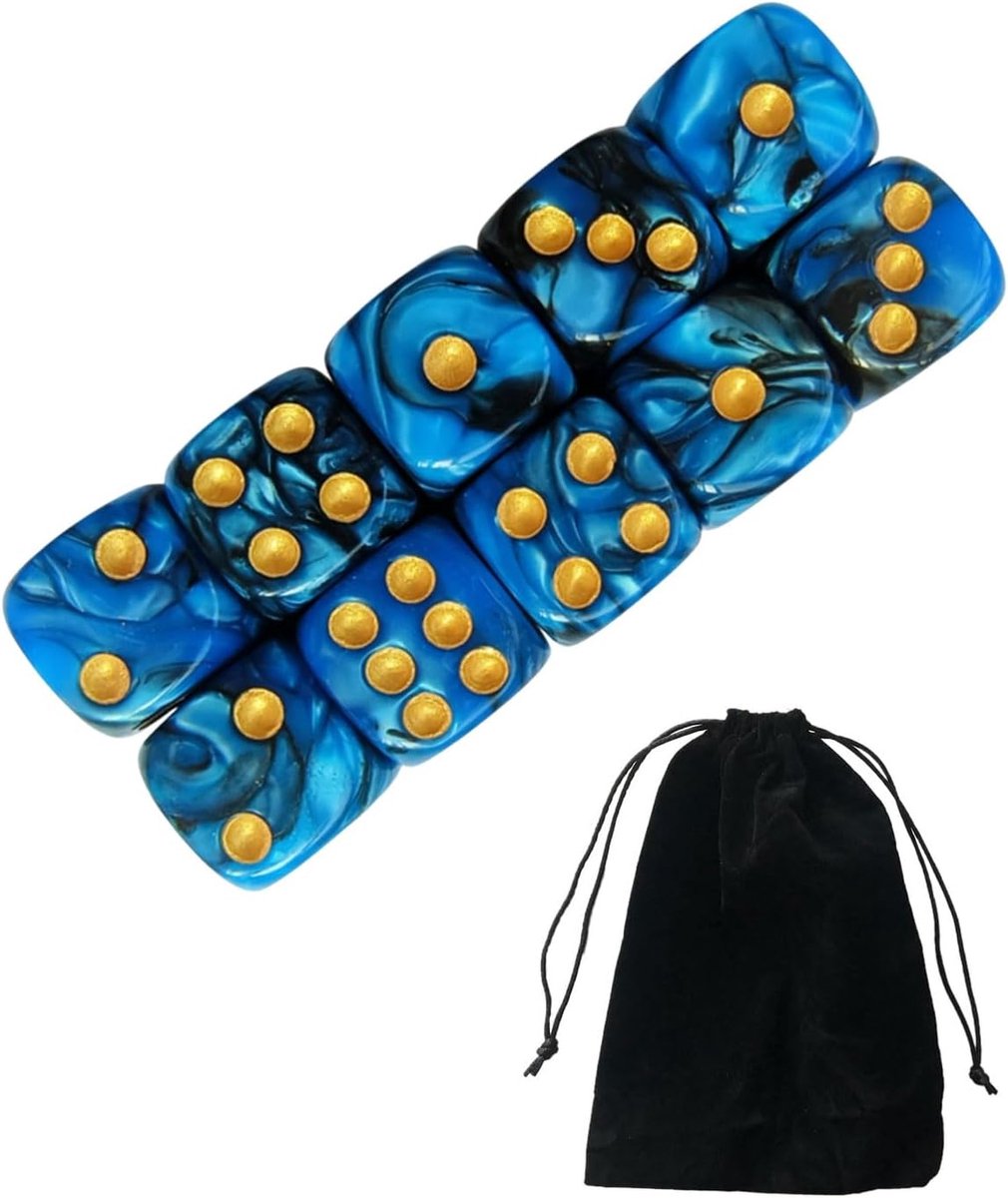 SnelShoppen - 10 stuks blauwe en zwarte dobbelstenen D6 16 mm acryl kubussen met stoffen tas - Perfect voor bordspellen, rollenspellen, wiskundelessen