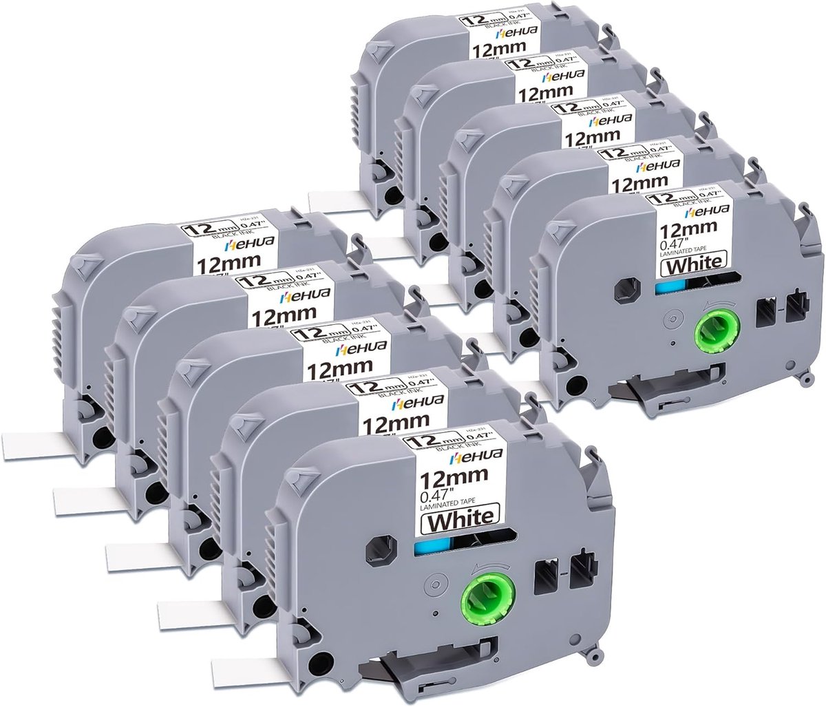 SnelShoppen - 10x Hehua TZe231 Vervangende Label Tape 12mm Zwart op Wit, Compatibel met P-Touch H100R H105 D400 D210 E100 D600 VP 10000, 8m Voor Thuis