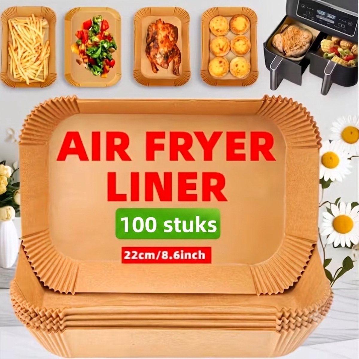 Airfryer Bakpapier Bakjes - 22x14x4.5 cm - Rechthoekig - 100 Stuks - Wegwerp Bakpapier Vellen - Non-stick & Hittebestendig - Bruin