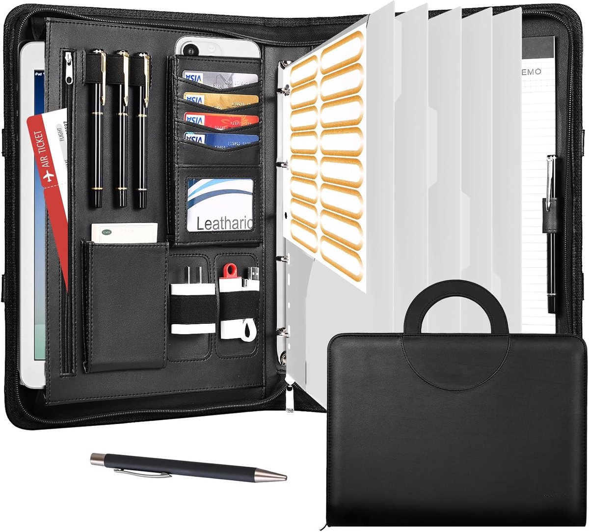 SnelShoppen - Leathario Portfolio Folder A4, Vegan Leather Document Organizer met Handvat, 4-Ring Mappen en 5 Vaks Dividers voor Kantoor en Reizen