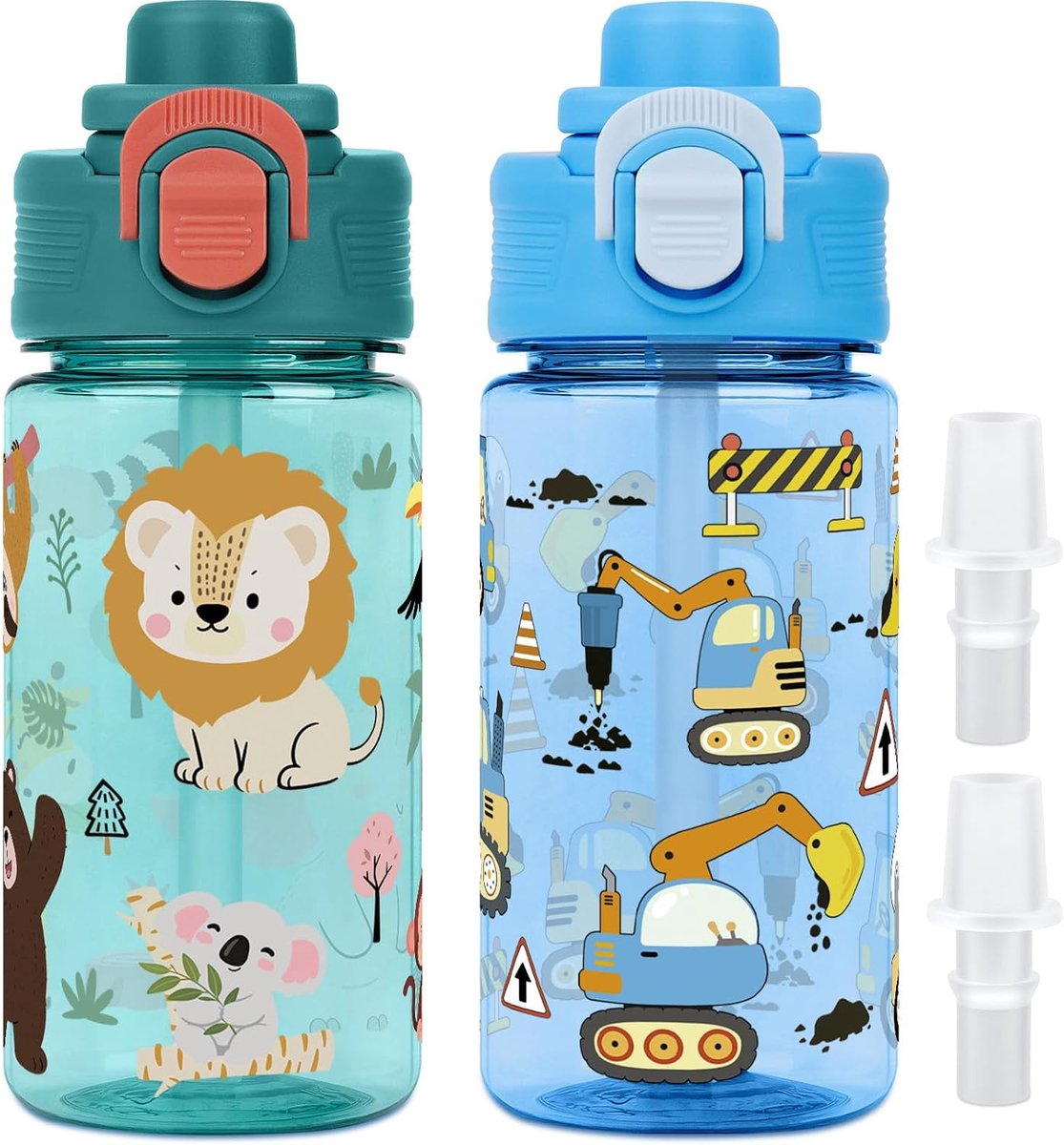 SnelShoppen - 2 Pcs 380ml Kinder Waterfles met Rietje, Lekvrije Plastic Waterfles met Handvat en Vervangbare Tuit, BPA-vrij, Voor Jongens en Meisjes,