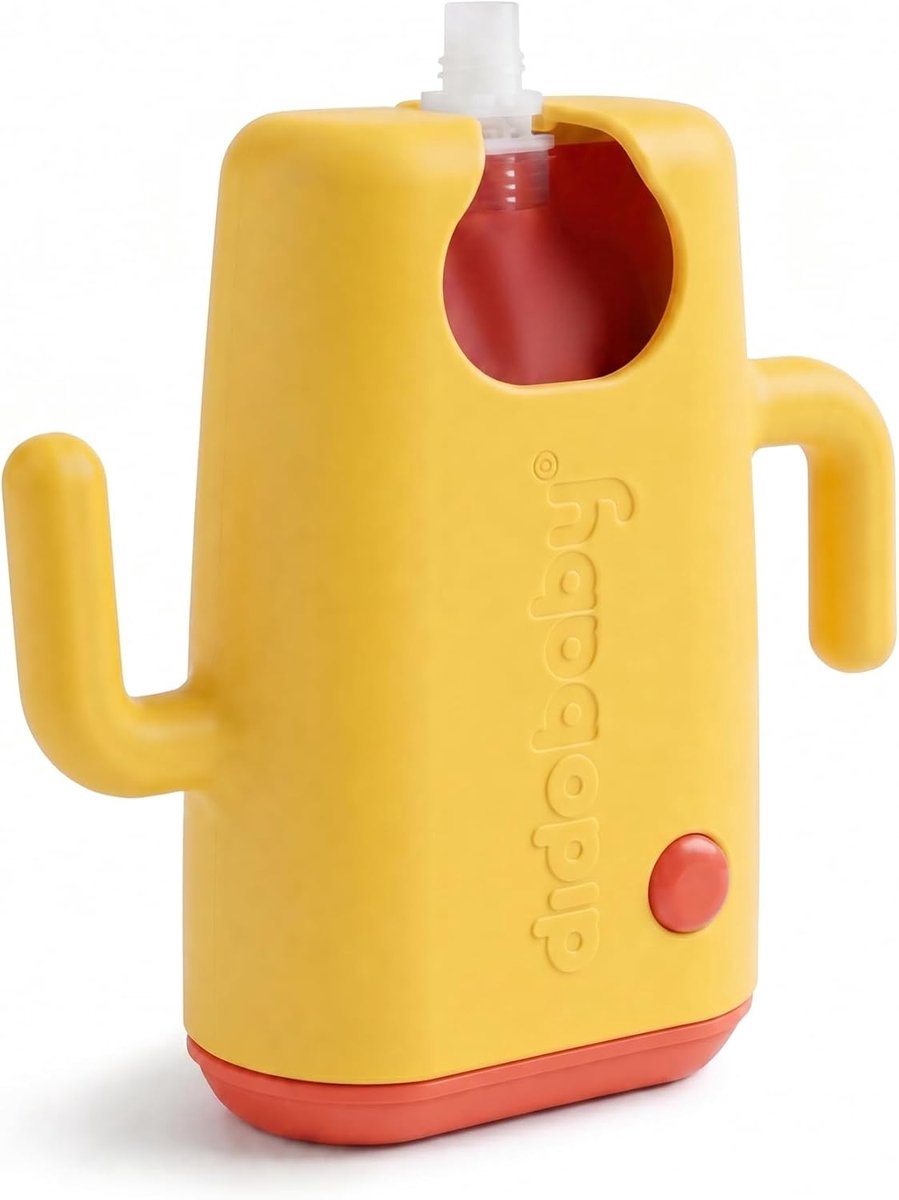 SnelShoppen - Didopoucher Squeeze Bag Holder - Voorkomt Spelen en Morseren - 2 in 1 voor Babyvoeding en Sap - Ergonomische Handvatten - Geel