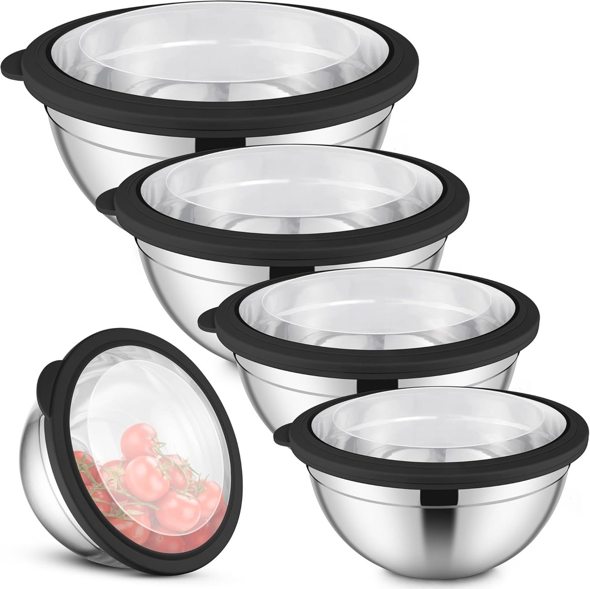 SnelShoppen - Set van 5 Roestvrijstalen Mengkommen met Luchtdichte Deksel - 4.5L/2.7L/1.5L/1.2L/0.7L - Stapelbare Keukenaccessoires voor Bakken en Ser