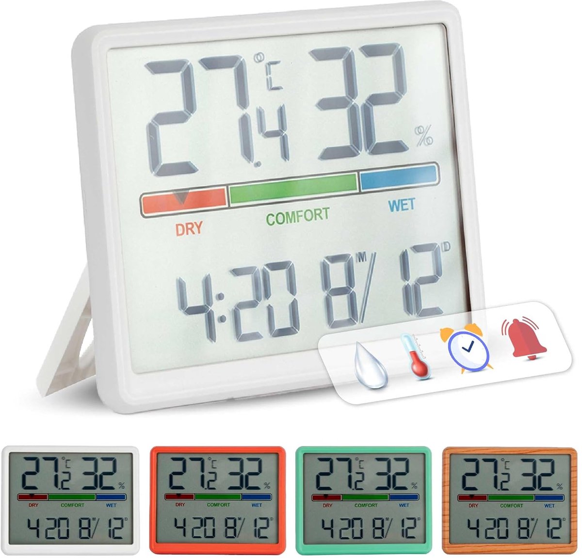 SnelShoppen - Digitale Binnen Thermometer met Hygrometer, Comfort Indicator, Klok en Kalender in Wit, Ideaal voor Thuis, ABS Materiaal, Compacte Afmet