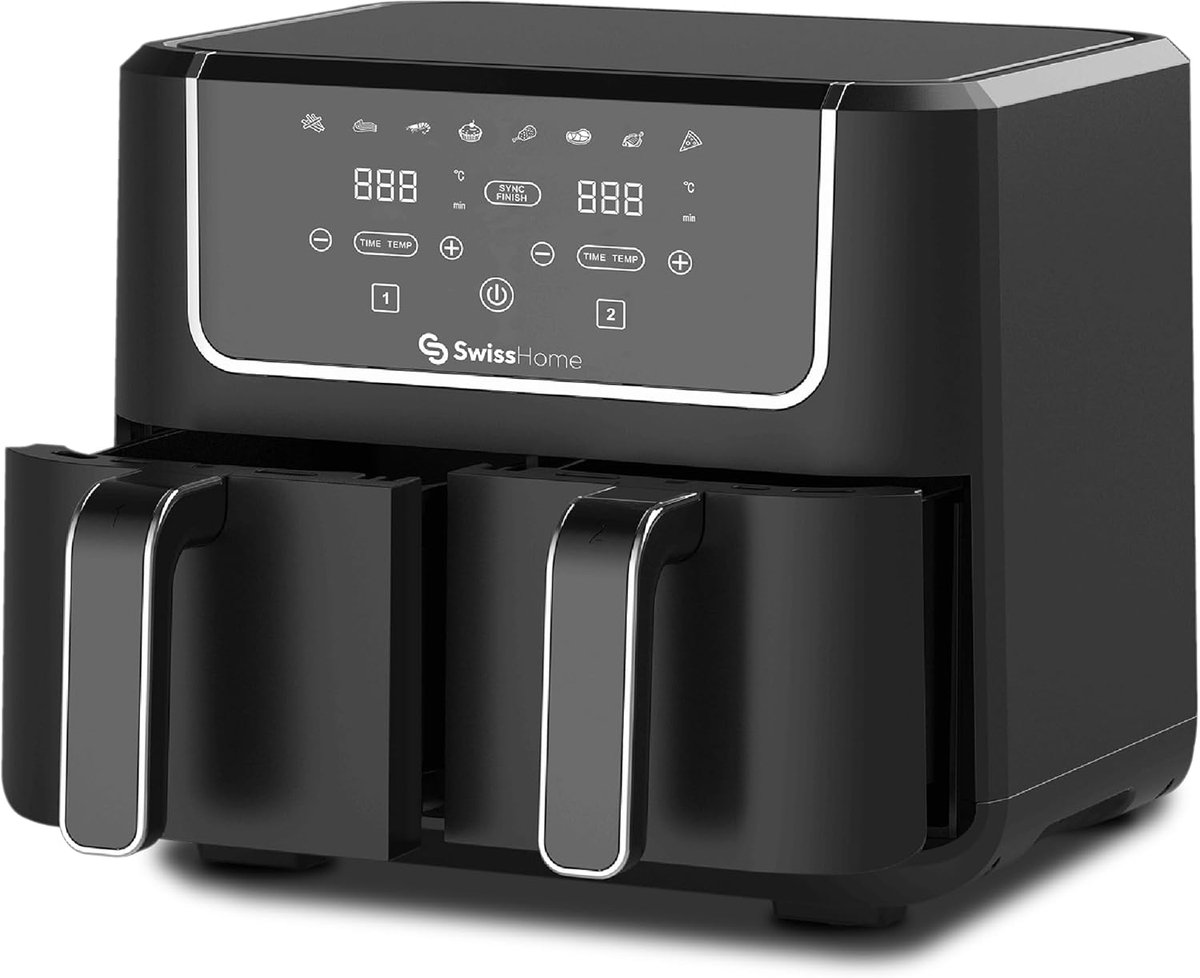 SnelShoppen - Airfryer 2100W met 2 Pannen van 3 Liter, 8 Functies, LED Touchscreen, Anti-aanbaklaag, Droog- en Verwarmfunctie, Ideaal voor Keuken en F