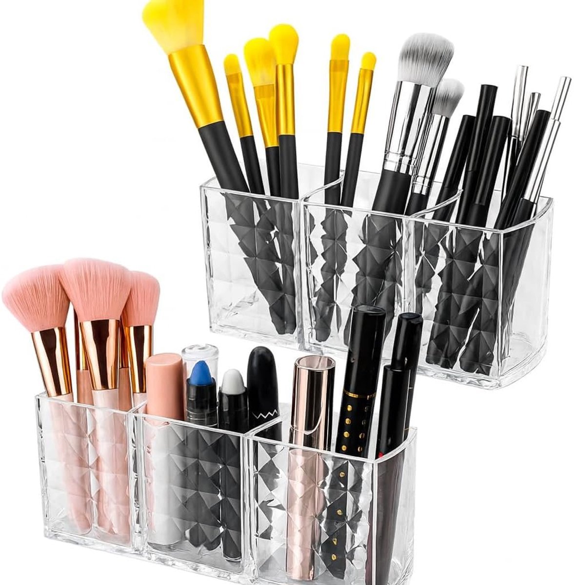 SnelShoppen - Acrylic Makeup Organiser met 2 Stuks Makeup Brushes, 3 Transparante Compartimenten voor Ideale Makeup Opslag van Eyeliner, Lipstick en M