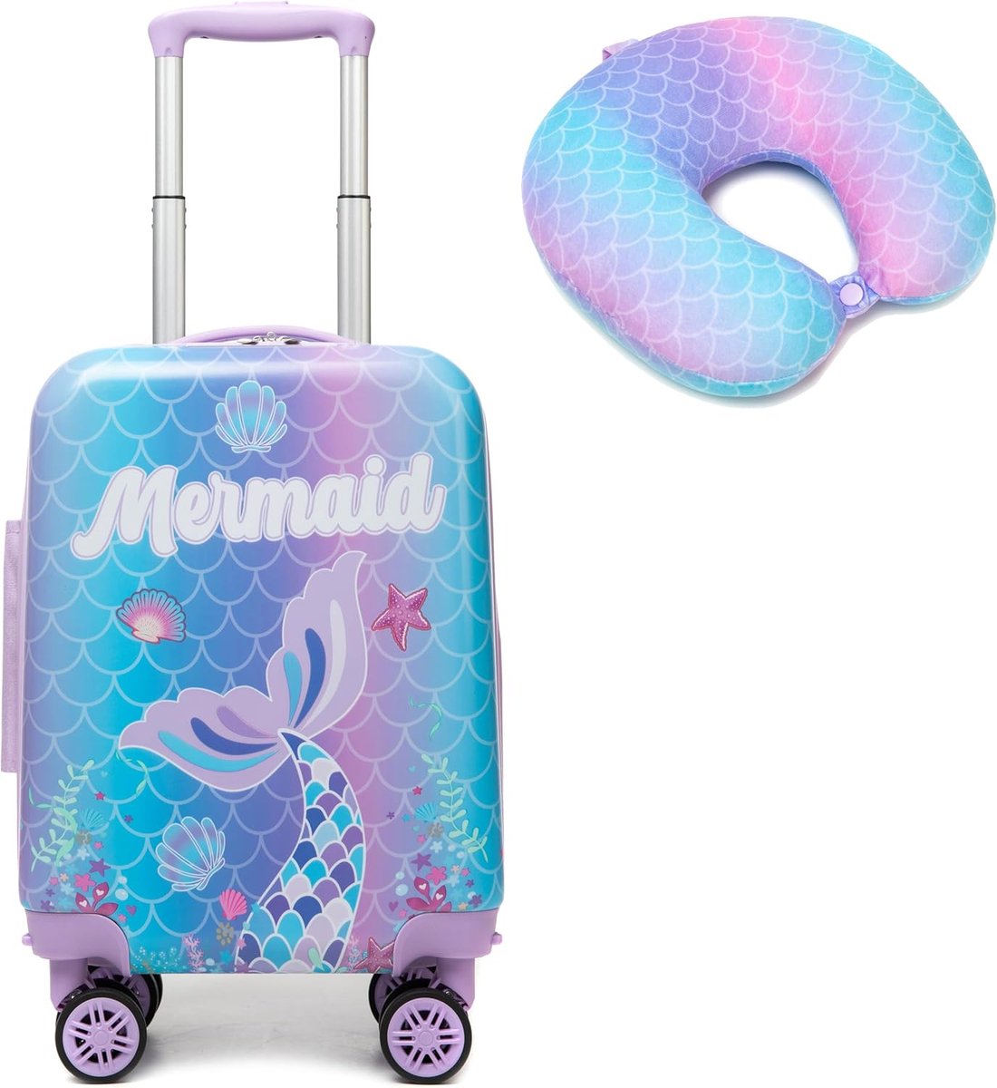 SnelShoppen - Kindersuitcase 2-delige Set met Reisbagage, Ne k kussen, Kofferhanger, Universele Wielen, Schattig Ontwerp voor Jongens en Meisjes, Idea