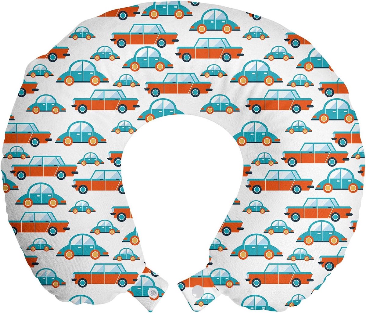 SnelShoppen - Reis Kussen Nek Ondersteuning Set van 2 Jongens Auto Motief Turquoise Vermiljoen 12x12 Inch U-Vormig Memory Foam