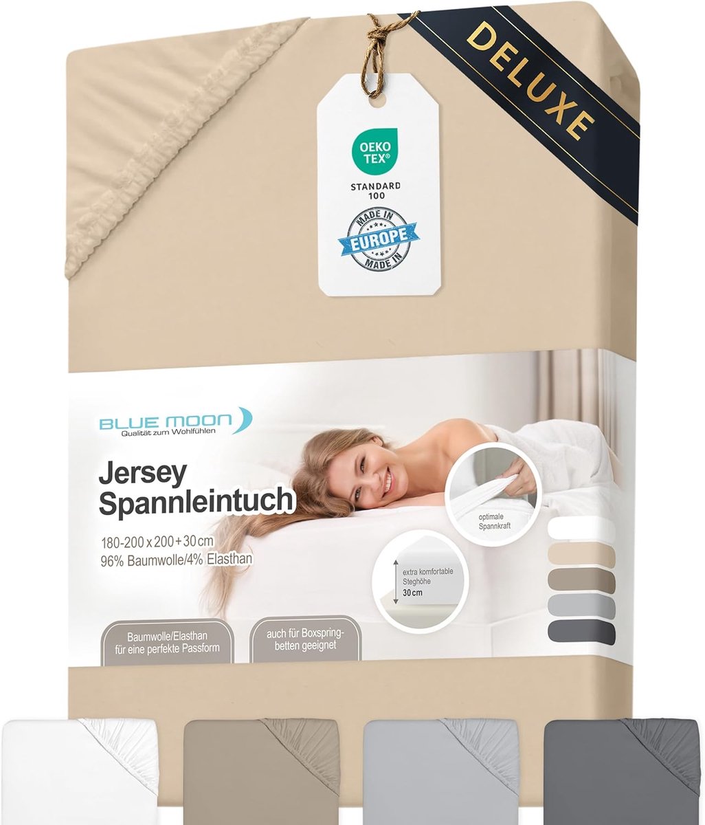 SnelShoppen - Luxe Hoeslaken 180x200 cm - Jersey - 96% Katoen/4% Elastaan - Geschikt voor Boxspring - Oeko-Tex - 30 cm Matras Hoogte - Zacht en Duurza