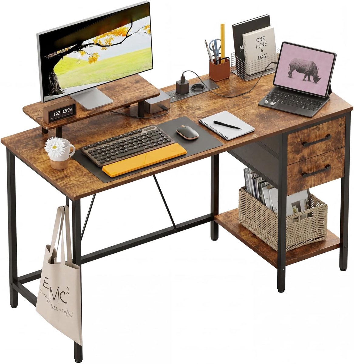 SnelShoppen - Bureau met Stopcontacten, 2 Lades en Afneembare Monitorstandaard, 120x50cm, Omkeerbaar Computerbureau voor Thuiswerk, Studie, Slaapkamer