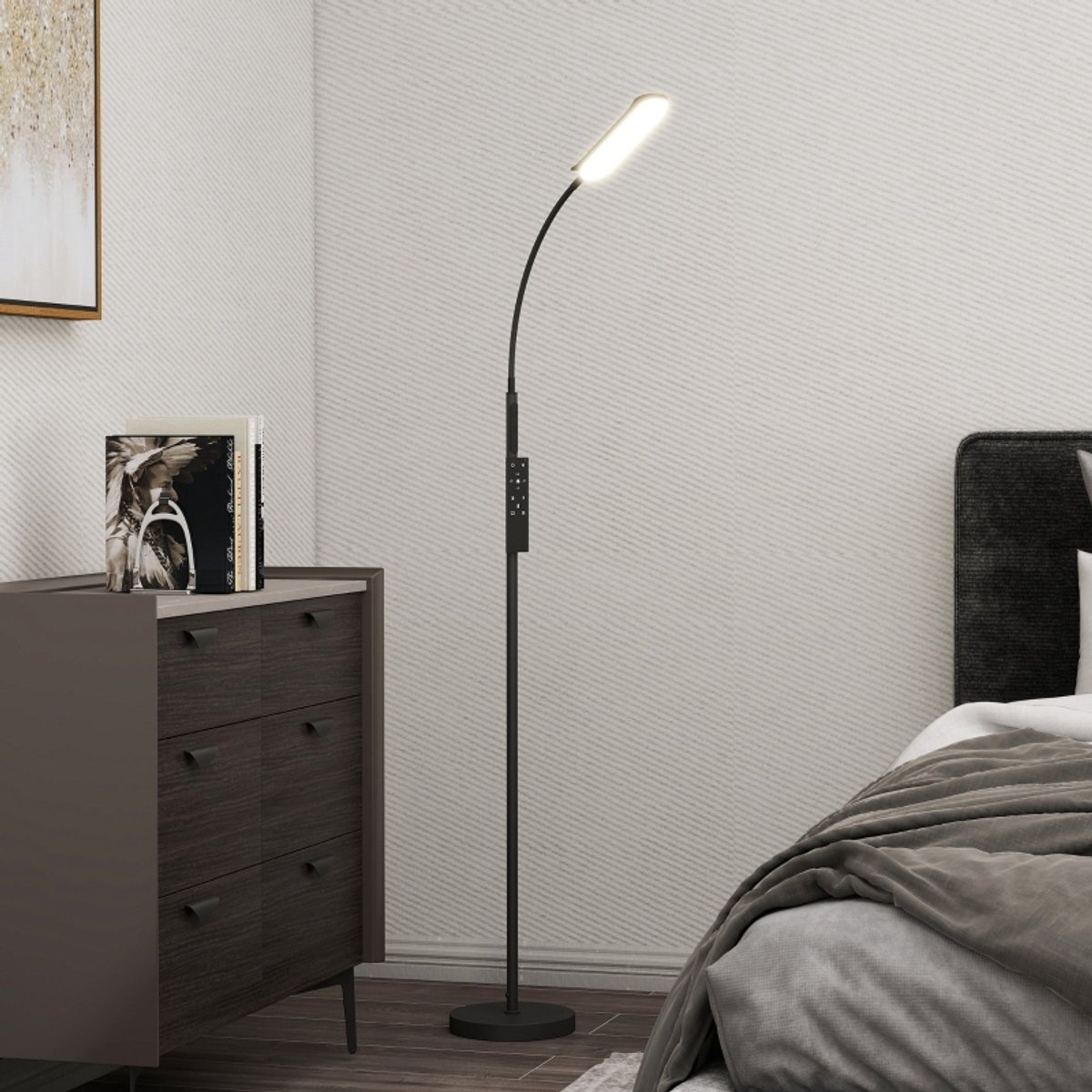 Staande Lamp Dimbaar – 175 Cm – Staal – Zwart – Met Afstandsbediening En Touchbediening – 360 Graden Verstelbare Zwanenhals