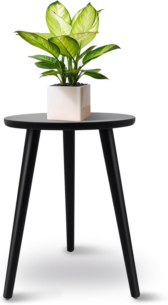 SnelShoppen - Houten Plant Stand - Zwarte Ronde Bloemstandaard met 3 Poten - Bloem Stool voor Verschillende Pot Maten - Decoratieve Hocker voor Binnen