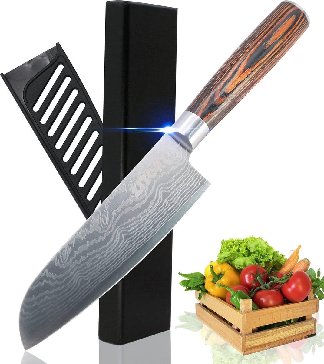 SnelShoppen - Santoku Mes 13cm Flamingo Serie, Hoogwaardig Roestvrijstaal, Pakkahout Handvat, Mesbescherming Inbegrepen, Perfect voor Keuken, Fruit en