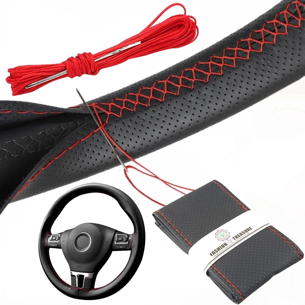 Thijox - DIY Lederen Stuurhoes - Universele Microvezel Stuurwiel Cover - Ademend, Antislip, 38 cm - Luxe Auto Accessoire voor Comfort en Stijl