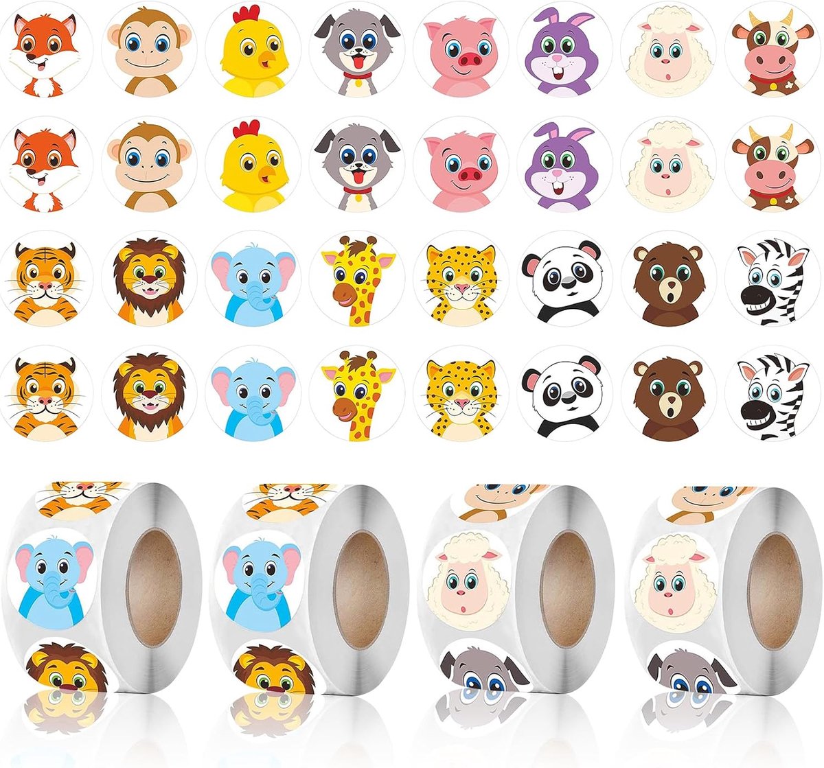 SnelShoppen - 2000 Dieren Stickers voor Kinderen, Motivatie Stickers, Ronde Decoratie Stickers voor Leerkrachten, Beloningsstickers, 4 Rollen met Scha