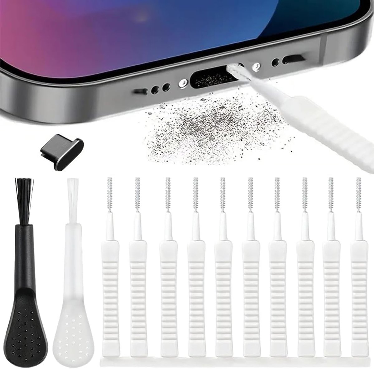 SnelShoppen - 13-delige mobiele telefoonreinigingsset, Type-C borstelset voor luidsprekers en aansluitingen, metalen stofplug, ideale schoonmaakset vo