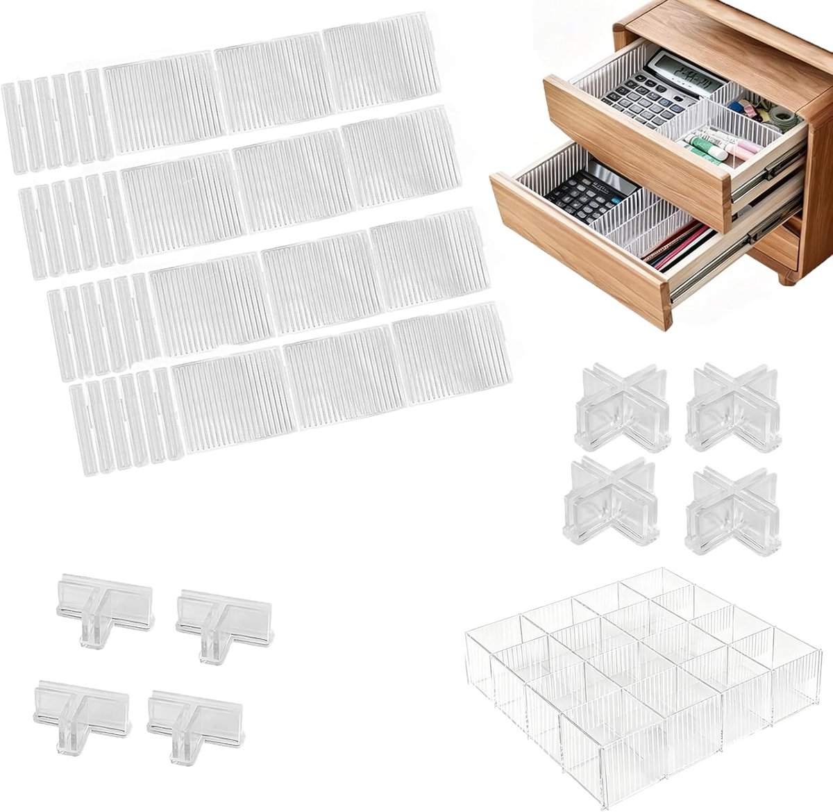 SnelShoppen - 24 stuks verstelbare ladeverdelers, kunststof lade-organizer, transparante lade-inzetstukken voor ondergoed, sokken en cosmetica, multif