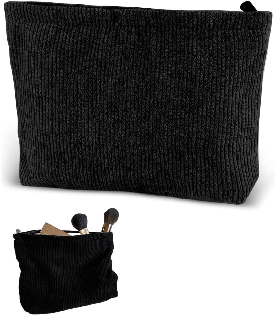 SnelShoppen - Cosmetic Bag Corduroy Make-up Tas Reistas Toilettas Organizer voor Vrouwen - 26x8x4 cm Zwart - Duurzaam Canvas voor Reizen, Feest en Dag
