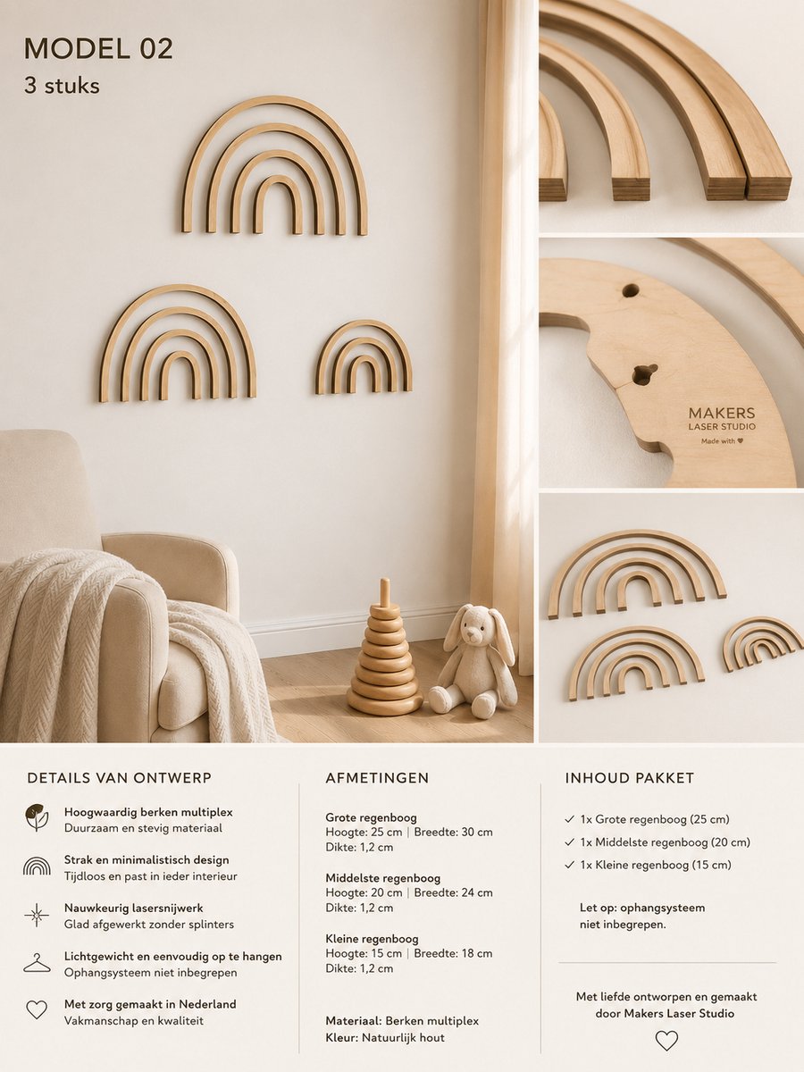 Babykamer Decoratie Houten Regenboog Wanddecoratie – Set van 3 – Kinderkamer Wanddecoratie – Berken Multiplex – Natuurlijk Hout