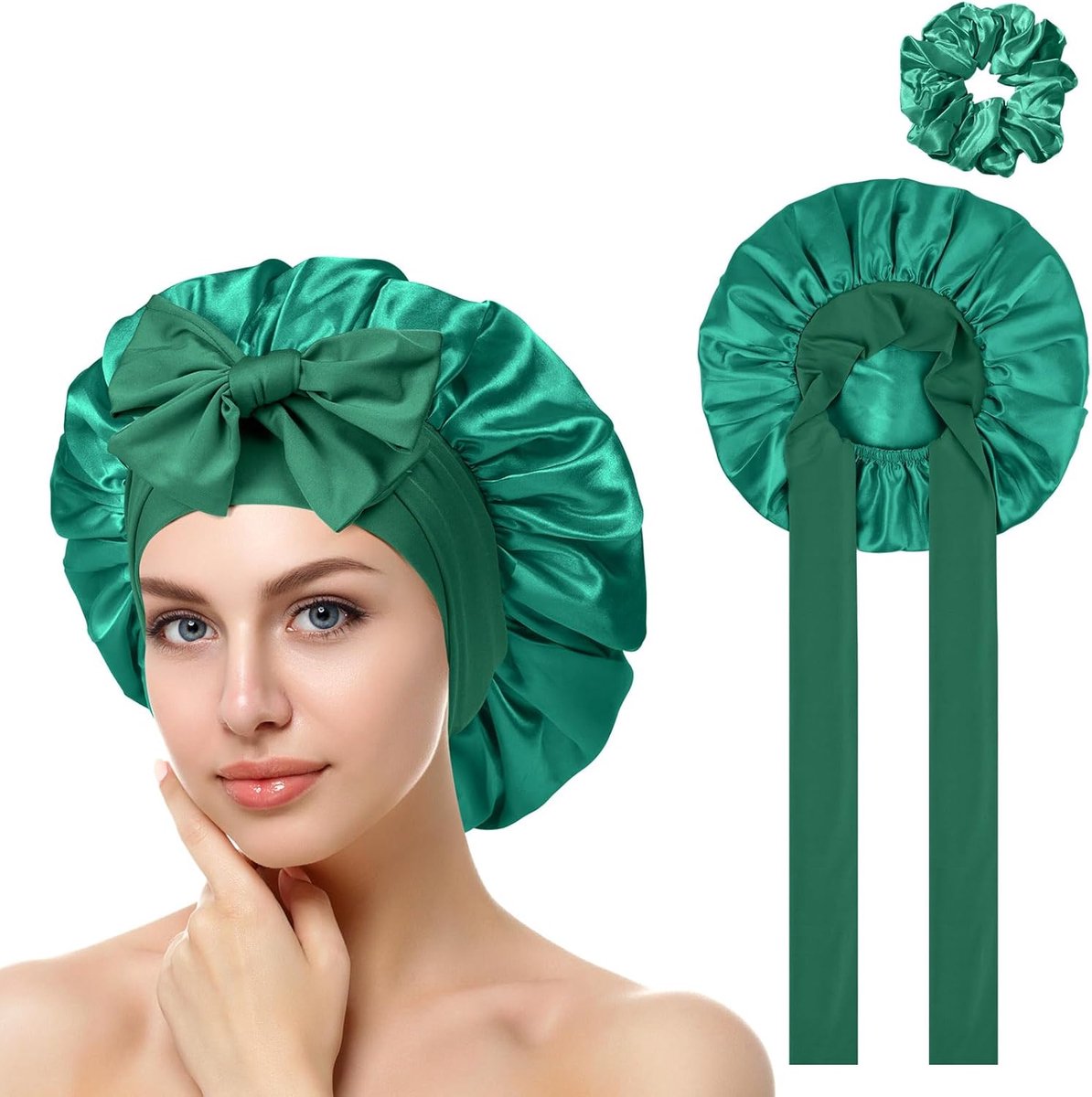 SnelShoppen - Satin Slaapcaps, Verstelbare Zijden Hoed, Zachte Satin Slaapcap, Brede Band Slaapcap voor Vrouwen en Meisjes, Peacock Blauw