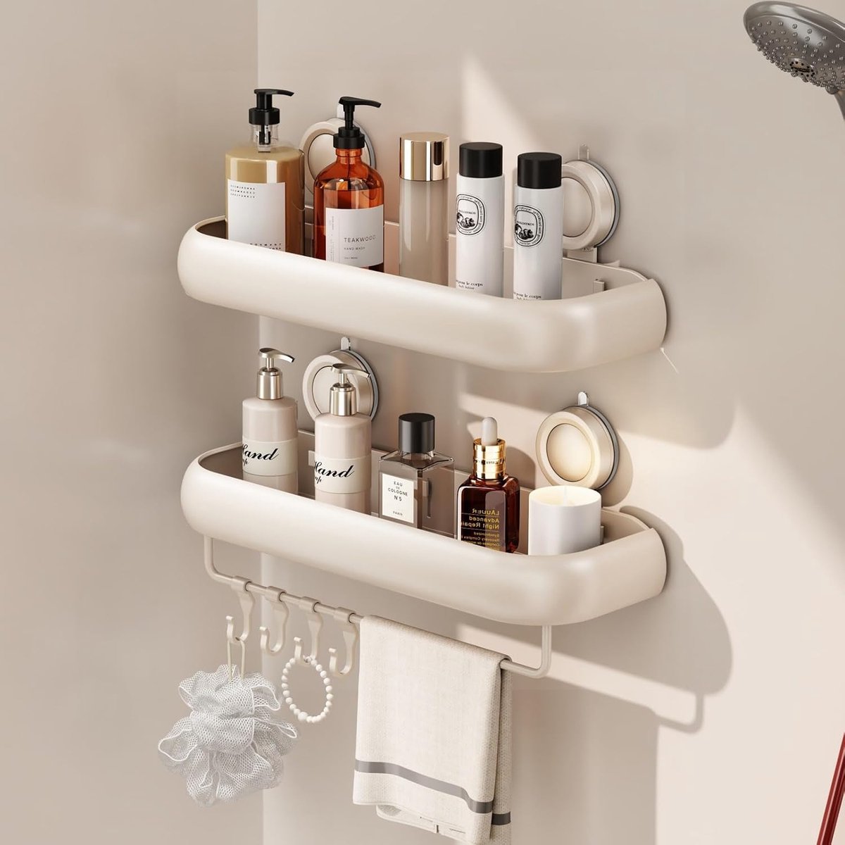 Thijox - Voldra Badkamer Rek Zuigschotel Shower Shelf Bathroom Organizer Doucherek Zonder Boren, 2 Stuks, Wit, Aluminium, Perfect voor Badkamer en Keu