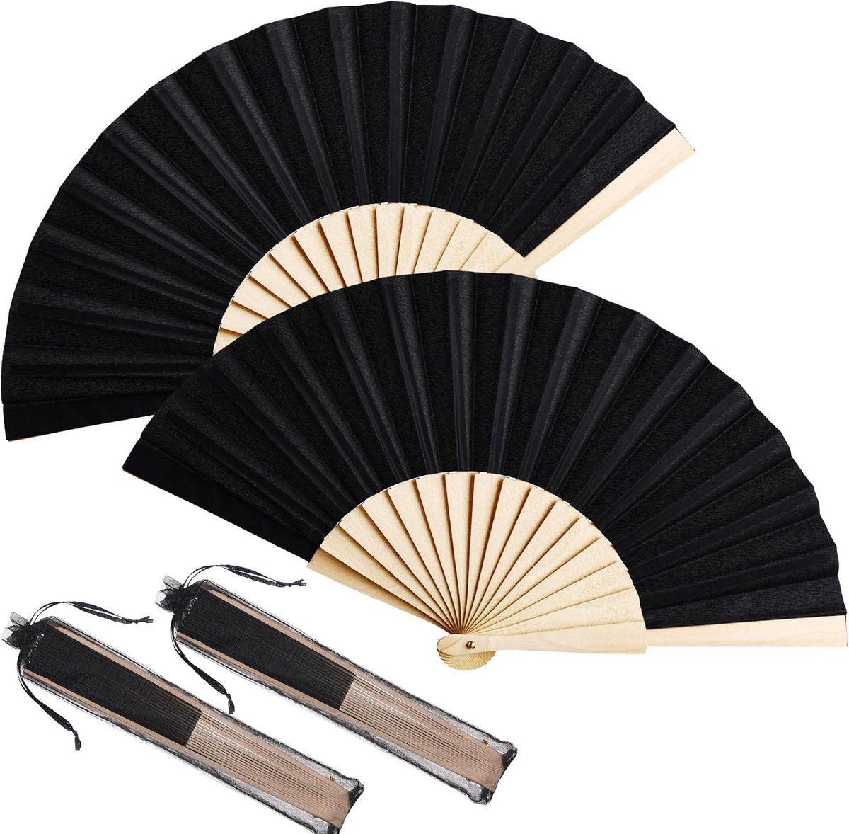 SnelShoppen - 2 Stuks Draagbare Opvouwbare Ventilator - Handfan met Trekkoord - Decoratieve Handfan voor Mannen en Vrouwen - Inclusief Organza Tassen