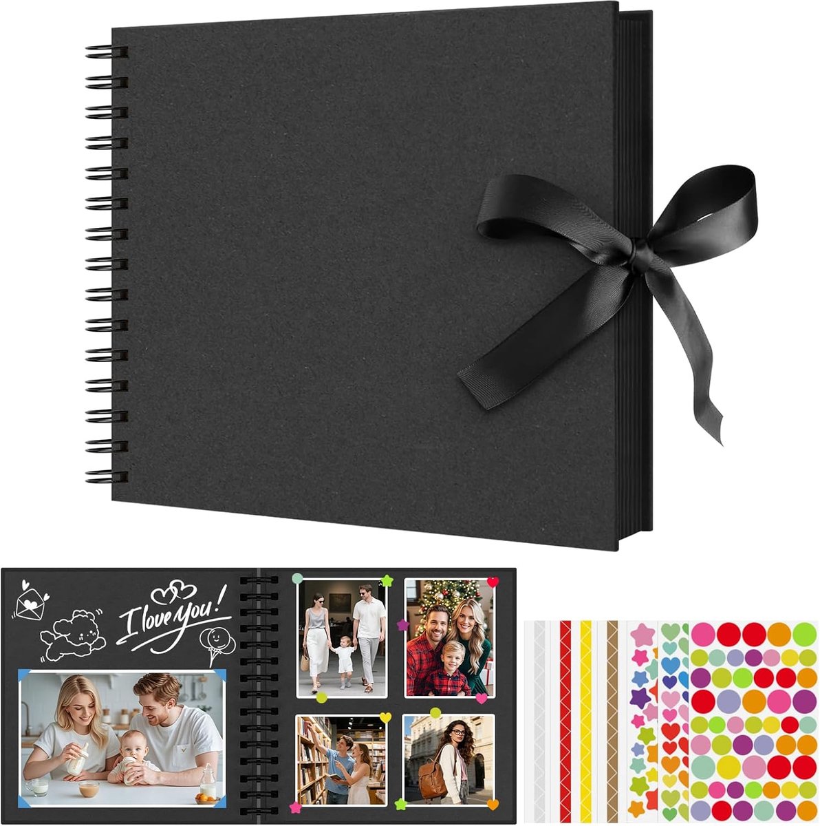 SnelShoppen - 8 Inch DIY Fotoalbum met 80 Zwarte Bladzijden, Ringband Scrapbook voor Baby, Verjaardag, Valentijnsdag, Creatieve Knutselprojecten