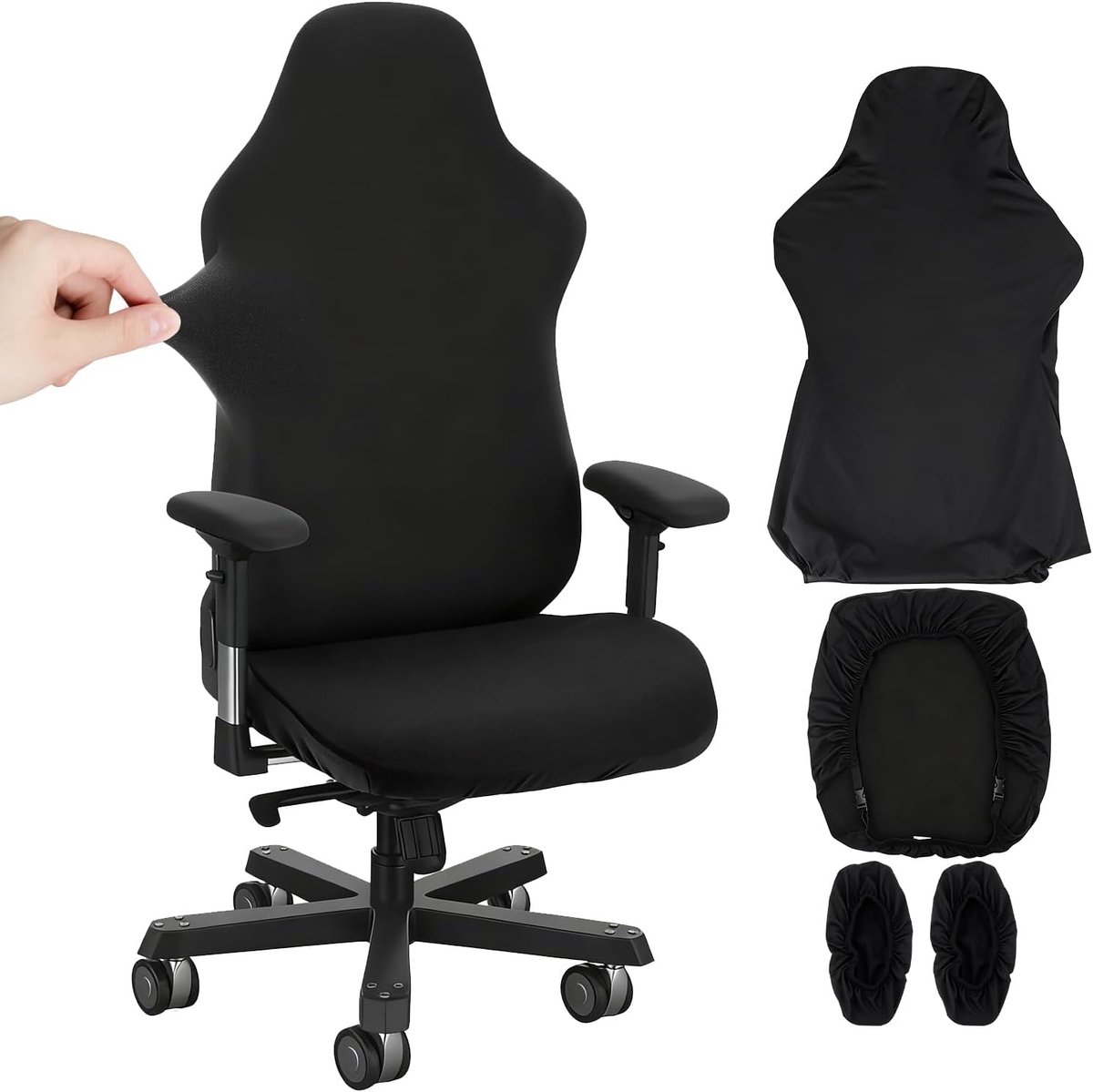 SnelShoppen - 4-delige Gaming Stoel Cover Zwart - Ergonomische Stoelbekleding voor Kantoor en Gaming - Ademend, Antislip, Wasbaar, Stretch - Inclusief