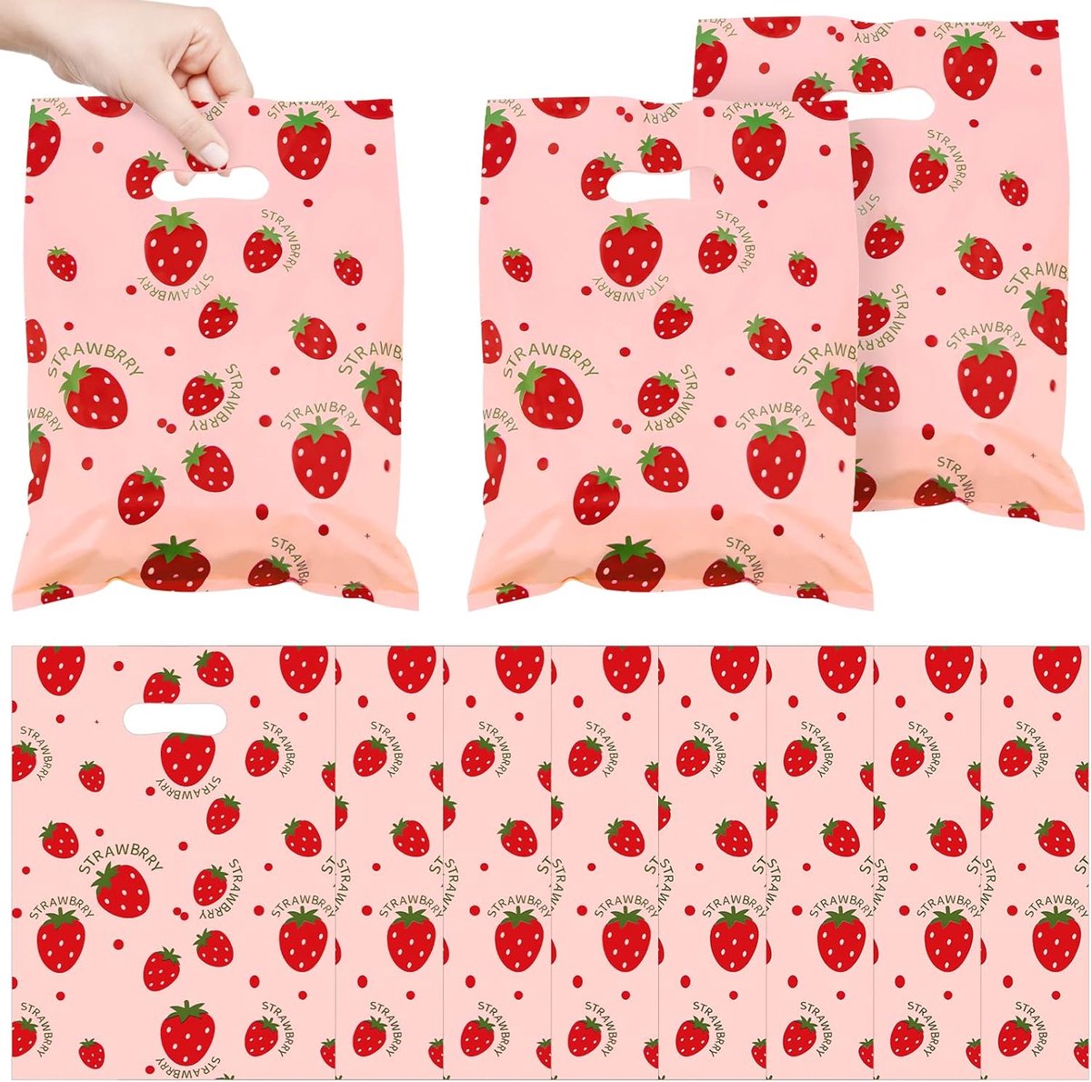 SnelShoppen - Grote Aardbei Feestzakken, 50 Stuks Geschenken Verpakkingszakken met Handvatten, Roze Fruit Bessen Plastic Goodie Bags, 25 x 35cm Trakta