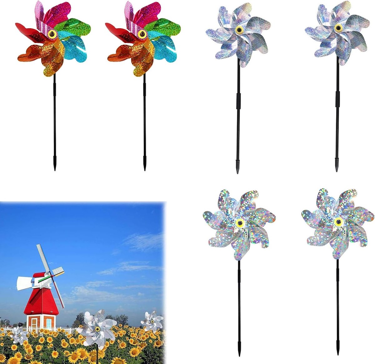 SnelShoppen - Windmolen Set 6 Stuks - Effectieve Vogelafweer en Duivenafweer voor Tuin en Balkon - Reflecterende Windmolens in Zilver, Bloemen en Rege