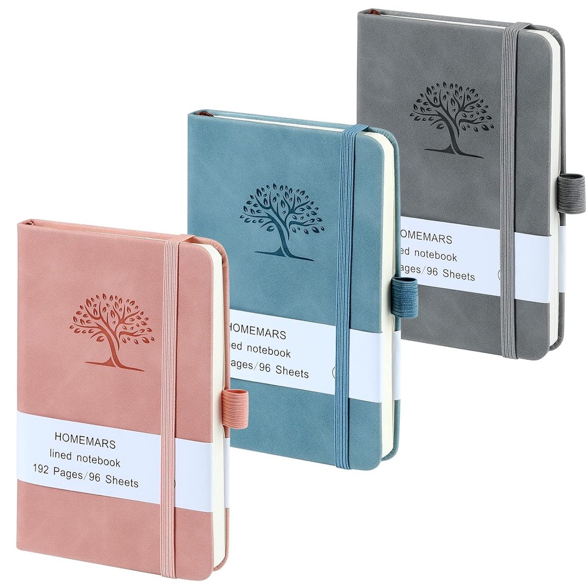 Thijox - Set van 3 A6 Notitieboeken, Notitieblok 14,4 x 9,6 cm, Roze Blauw Grijs, 192 Pagina's, Leer, Reliëfboom, Perfect voor Reisdagboeken en Journa