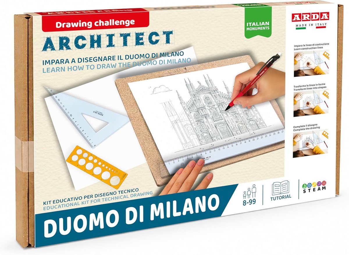 SnelShoppen - Technische Tekenset voor Kinderen - Duomo di Milano Koepel - Geometrie en Architectuur - Inclusief Liniaal, Geodriehoek, Sjabloon, Vulpo