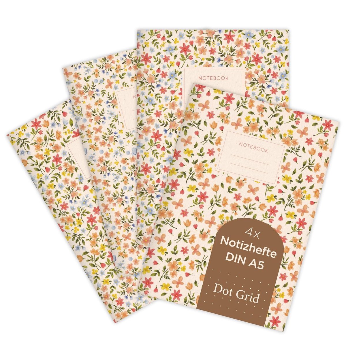 Thijox - Set van 4 A5 Notitieboeken Summer Bloom - Bloemenpatroon - Puntraster - Perfect voor Notities, Schetsen, Bullet Journal en Planning - FSC-gec