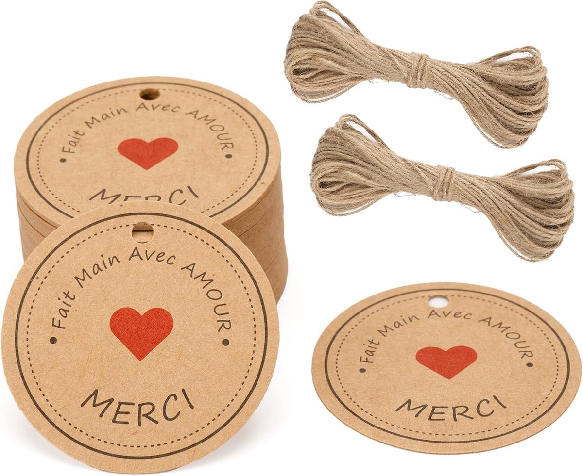 SnelShoppen - 100 Stuks Thank You Cards Labels - Kraft Papier Gift Pendants - Ronde Labels met Liefde - 5x5 cm - Perfect voor Bruiloften, Kerstcadeaus