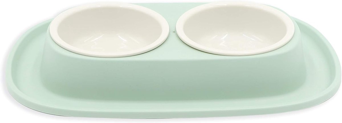 SnelShoppen - Dubbele Voederbak voor Honden en Katten met Antislip Houder, Lekvrije Rand, 2 x 230 ml, Vaatwasserbestendig, Soft-Touch, Trendy Kleur