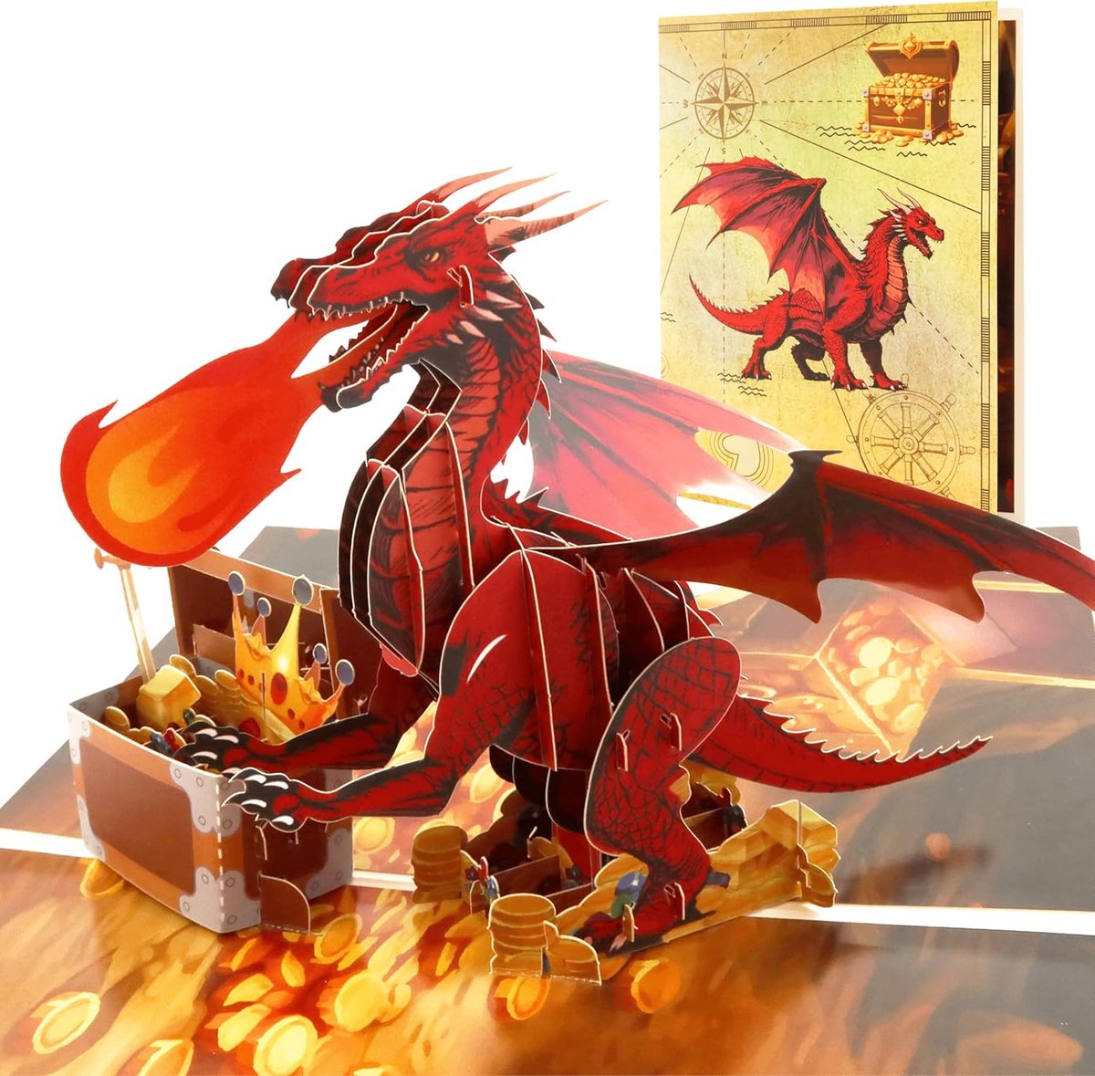 SnelShoppen - 3D Pop-up Kaart Draak met Schatkist, Fantasierijke Wenskaart voor Verjaardag, DnD en Fantasy Fans, Inclusief Envelop, Uniek Design, Hoog