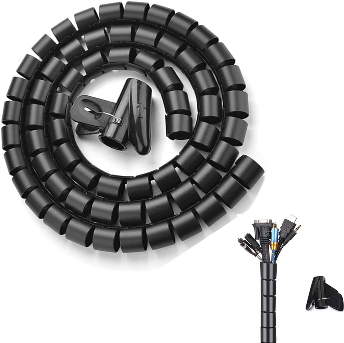 SnelShoppen - Kabel Organizer, 3M Kabelmanagement met Spiral Tidy Tube, Kabelbescherming en Organiser Clip, 5m Zwart voor Computer, Thuis en Kantoor (