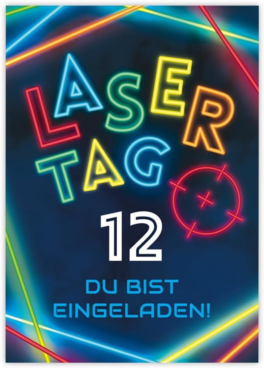 SnelShoppen - 12 Kleurrijke Uitnodigingen voor het 12e Verjaardagsfeest van Kinderen - Laser Tag Thema - Ideaal voor Jongens en Meisjes - Feestuitnodi