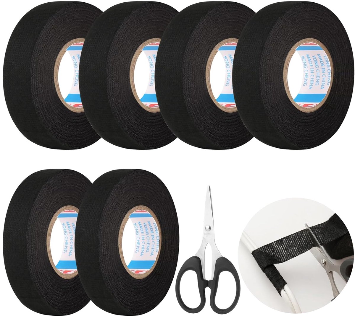 SnelShoppen - 6x Auto Fabric Tape Zwart, 2 Maten Zelfklevende Tape voor Draadboom, Isolatietape, Vilt Tape 19mm x 15m en 15mm x 15m