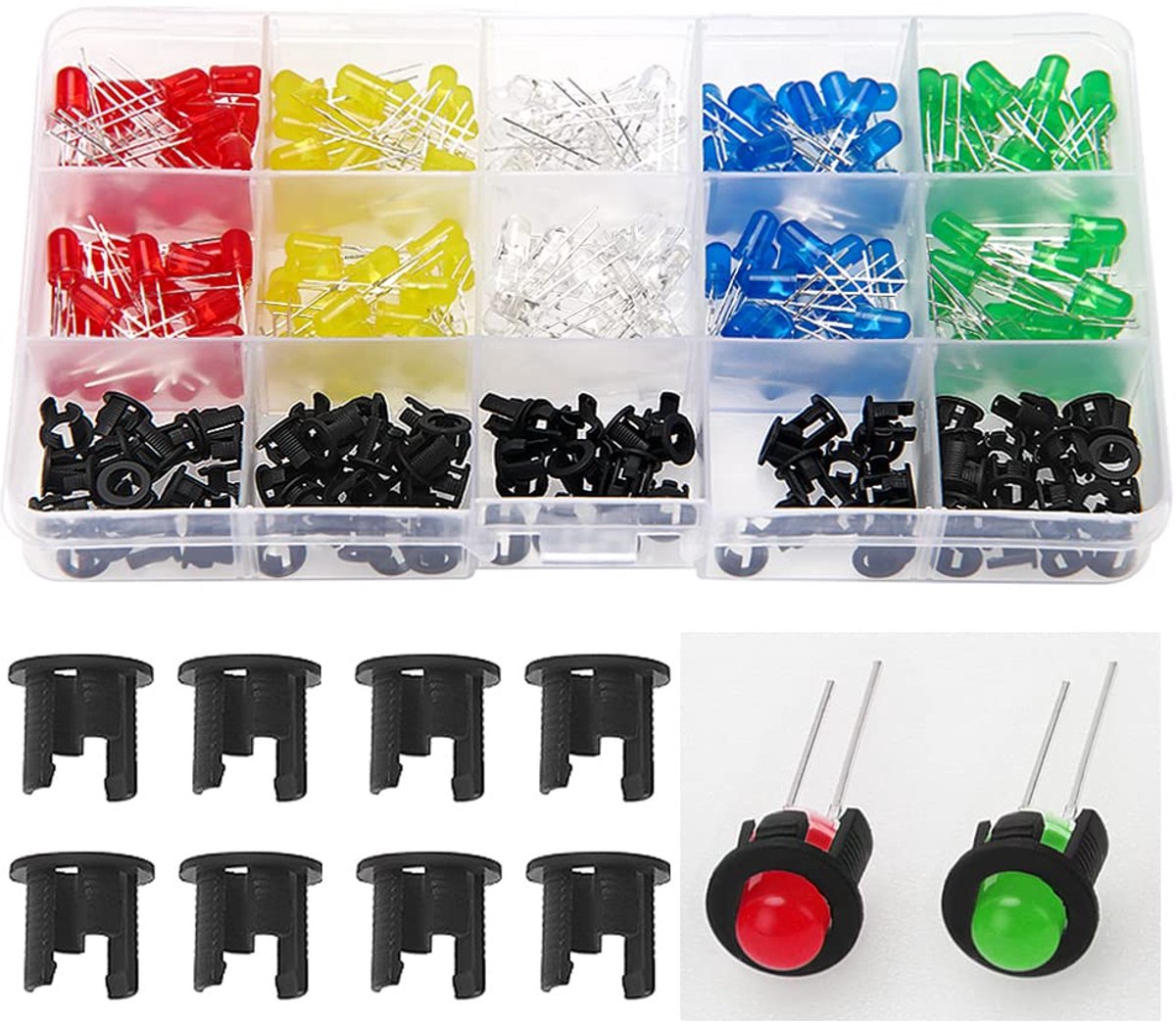 SnelShoppen - 200 Stuks 5mm LED Emitting Diodes, 2-Pins Assorted Kleur LED Licht Kit, Rood Groen Blauw Geel Wit, 40 Stuks per Kleur, met 100 Stuks Pla