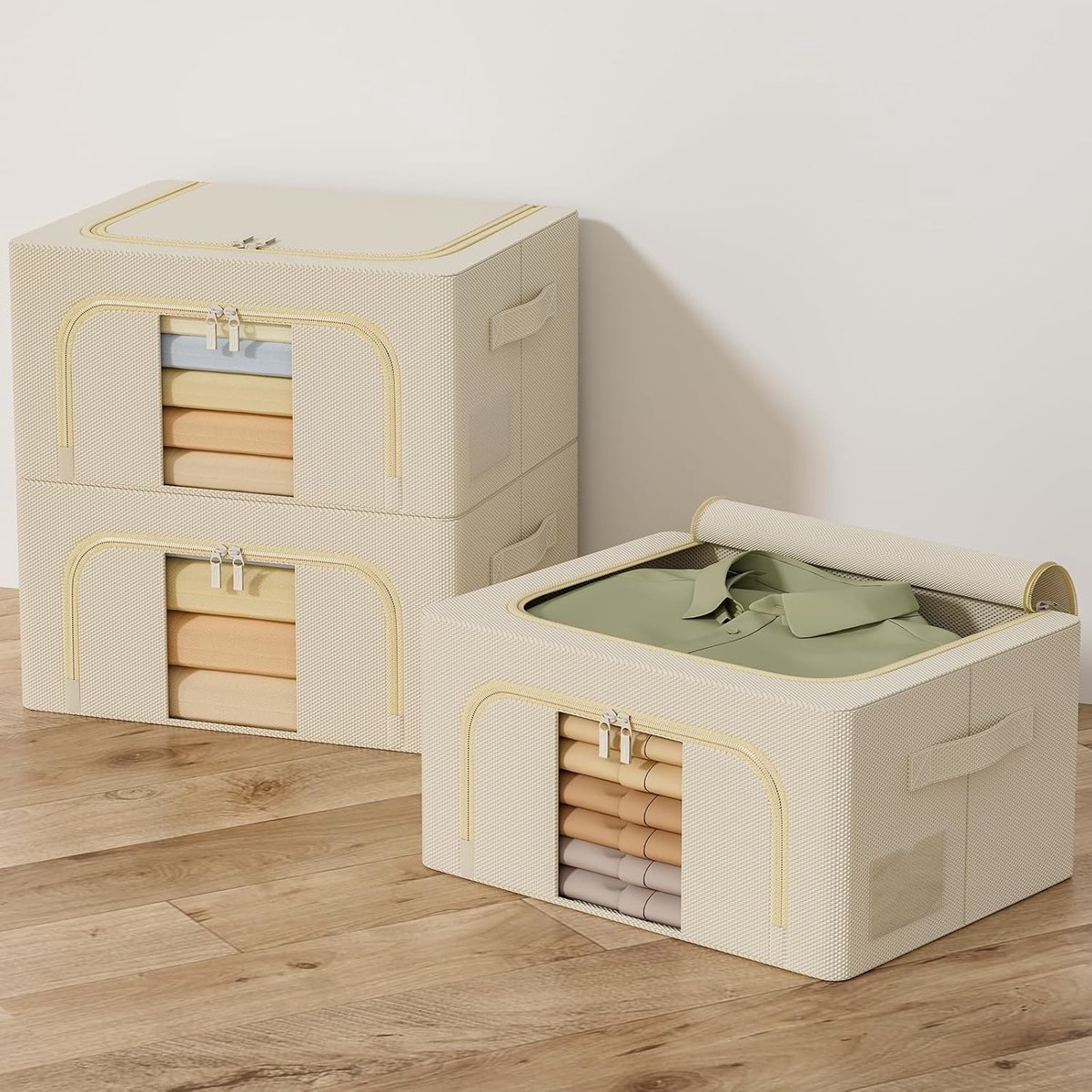 SnelShoppen - Stapelbare Opbergzak voor Duvets en Kleding, Vouwbare Kledingopbergers met Metaalframe, Beige, 3 Stuks, 24 Liter voor Organisatie van Kl