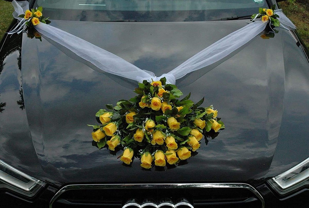 Autoboeket Kant - Bruiloft Decoratie - Auto Versieren - Handgemaakt - 70 cm x 58 cm - Geel