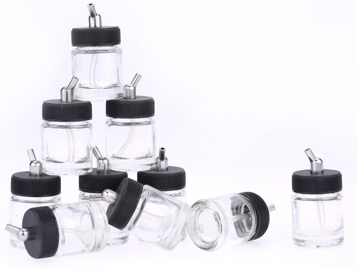 Set van 10 Glazen Flessen 22Ml voor Airbrush, Duidelijk, Metalen Aansluiting, Kleurzichtbaar, Ideaal voor Schilderen en Verfprojecten