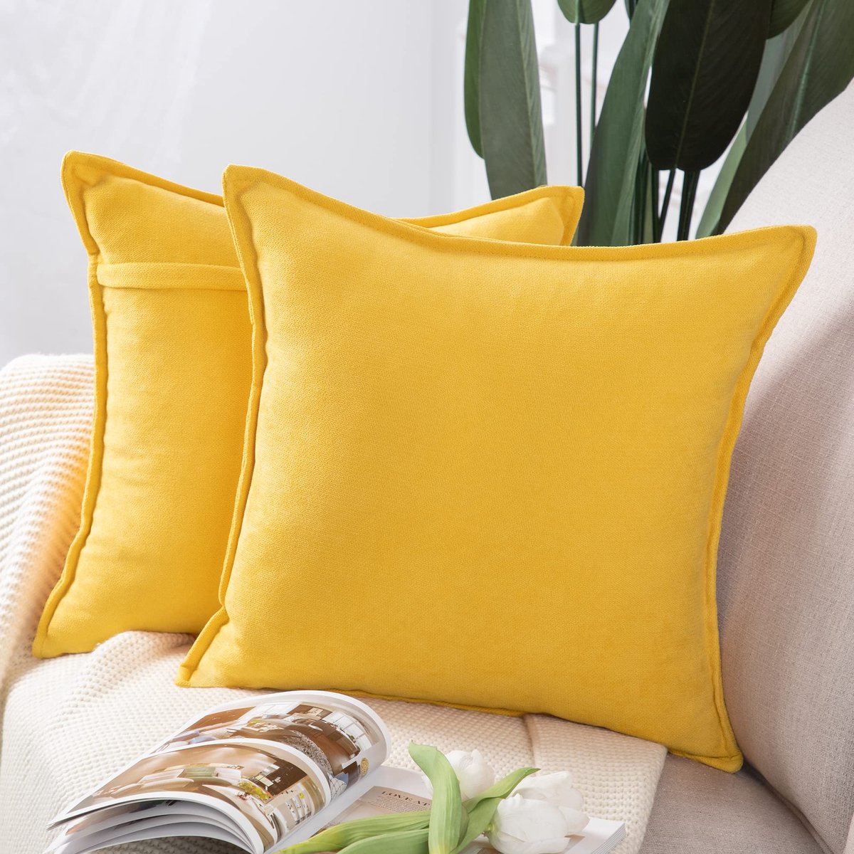 Set van 2 korte Chenille kussenslopen zacht decoratief kussenhoes voor sofa slaapkamer kussensloop 50x50 cm Geel