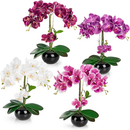 Kunstorchideeën Set 4 Stuks - Nep Orchideeën Decoratieve Bloemen - Woonkamer Decoratie - Echte Keramiek Potten - 40 cm Hoog