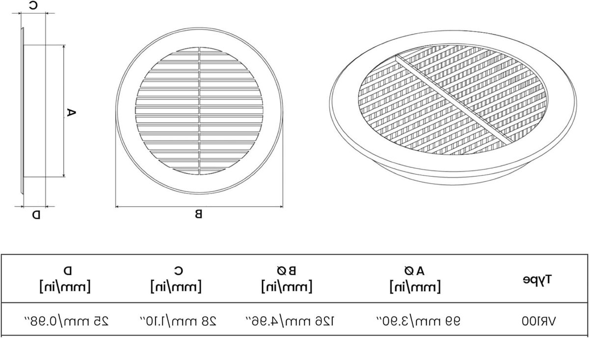 Ventilatierooster Rond - Afvoerluchtrooster Insectenhor - Ventilatie Afsluiten - Met Insectenbescherming - Ø 100 mm - Zwart