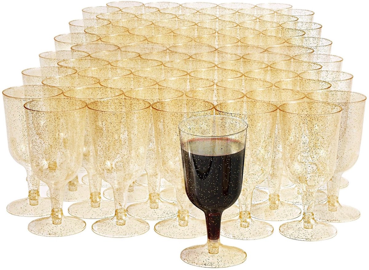 100 Plastic Wijnglazen met Gouden Glitter (170ml) - Elegant, Stevig & Herbruikbaar - Verjaardagen, Bruiloften, Kerstmis, Picknick, Feestjes